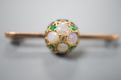 A small Edwardian yellow metal, diamond chip and seed pearl set bar brooch, 20mm, one other gem set bar brooch(adapted) and a single gem set earring, gross 6.1 grams.